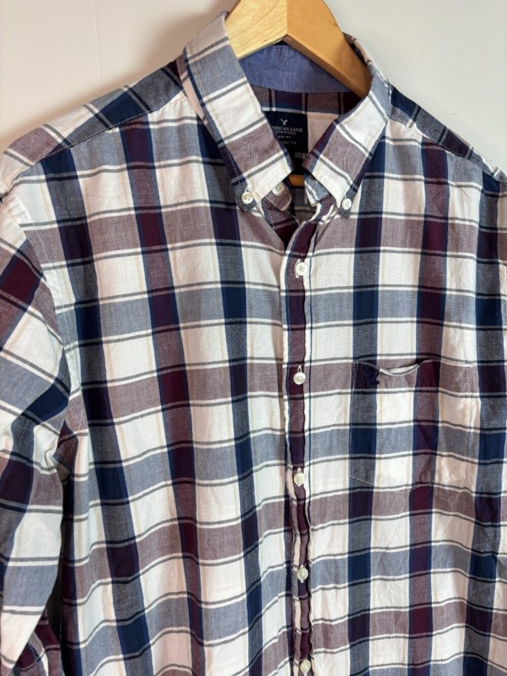 American Eagle Shirt Large Purple Blue Plaid Classic Fit Button-Down Cotton - Picture 2 of 11
